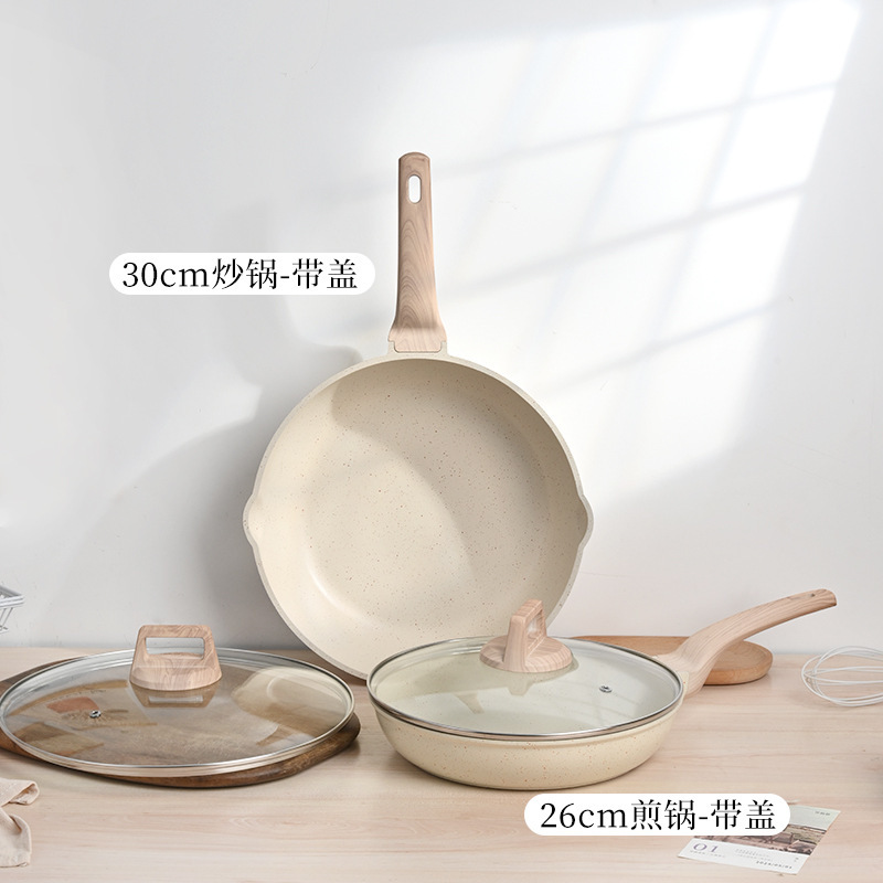 Juego de utensilios de cocina transfronterizo, juego doméstico de cuatro piezas, juego de utensilios de cocina de piedra de mármol, alto valor estético, integrado para cocinar al vapor y saltear, sartén antiadherente al por mayor