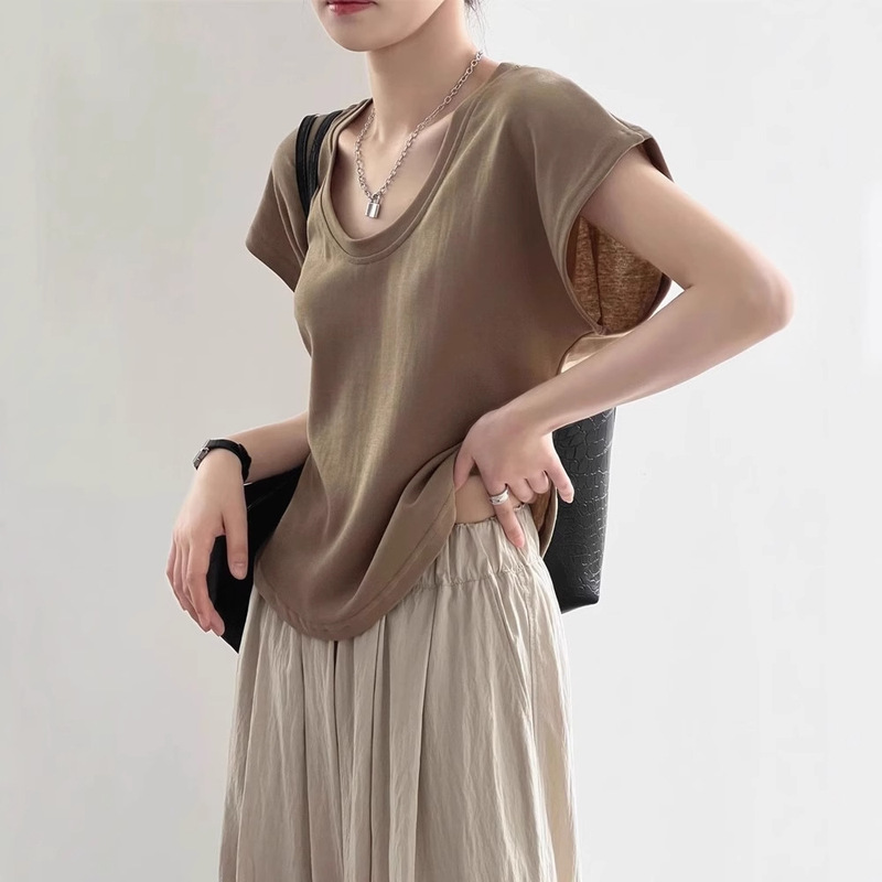 Small Paper People Wear U-Neck Shoulder Short-Sleeved T-Shirt Women's Summer Lazy Style Small-Sleeved Short Clavicle Top