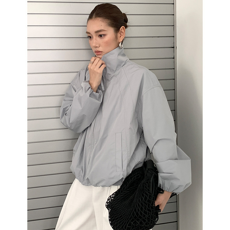 Fone Simple Korean Style Stand Collar Jacket for Women, Spring Casual Versatile Short Windbreaker for Petite Figures 59120