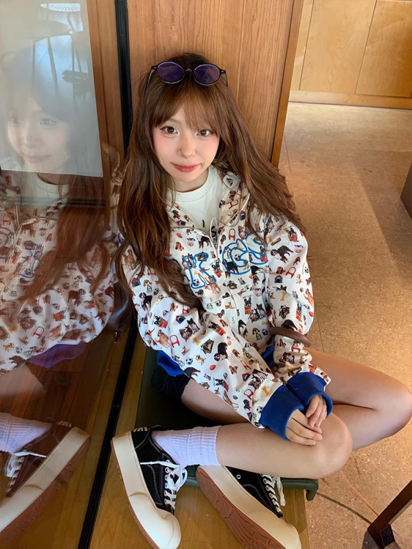 甜酷可爱狗狗满印连帽卫衣女春秋2025新款小个子短款休闲开衫外套|undefined