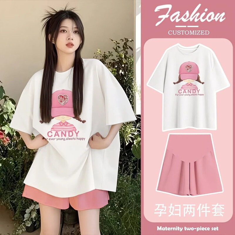 New Summer Style Loose-Fitting Slimming Short-Sleeved Shirt for Pregnant Women, Belly-Supporting Shorts for Pregnant Women, Pregnancy Outing Set