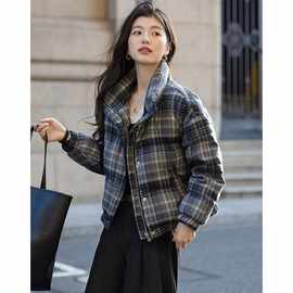 爆款女装复古格子外套女短款加厚小个子立领宽松棉袄爆款面包