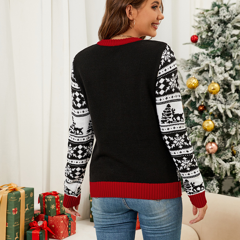 Women's Clothing Christmas elk jacquard knitted sweater top autumn and winter new pullover Christmas sweater_voghion.com