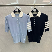 工厂直营TB女款四道杠撞色针织翻领POLO短袖学院风简约短袖针织衫