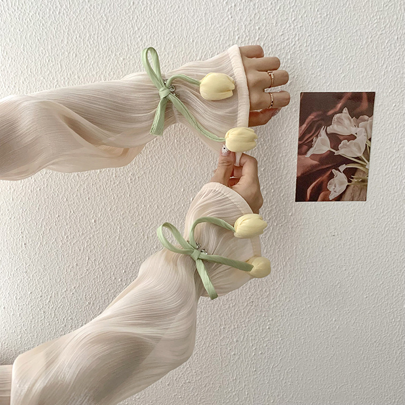 Mangas de hielo, mangas de seda de hielo, verano femenino, nuevo estilo, lazo, flores grandes, mangas de mano sueltas, protectores de brazos, mangas de protección solar para conducir