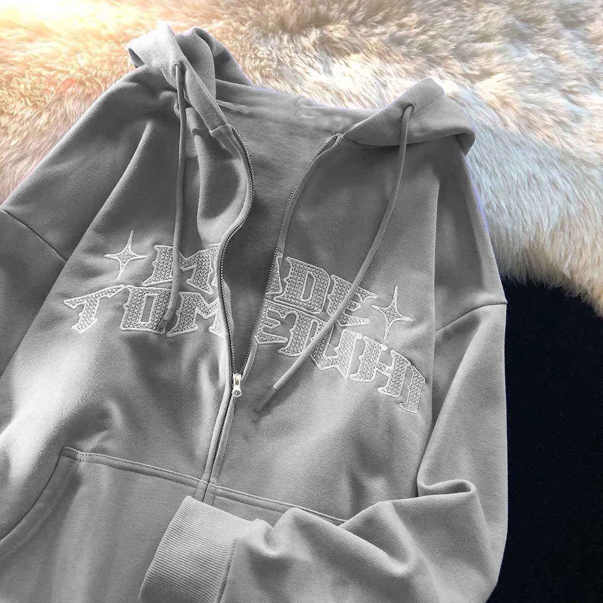 Trendy Marka Mektup Fermuarlı Sweatshirt Kişiselleştirilmiş Basit Baskılı Kapüşonlu Üst Unisex Hırka Şık Ceket_voghion.com