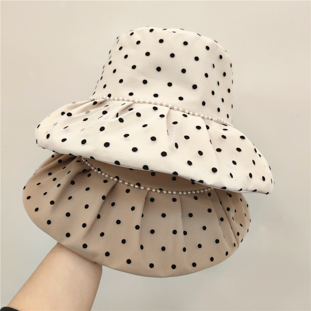 Japanese-style spring/summer new ethereal polka-dot pearl wide-brimmed fisherman hat for women—lightweight, breathable, and perfect for creating a slimmer-looking face; also doubles as a stylish sun protection cap.