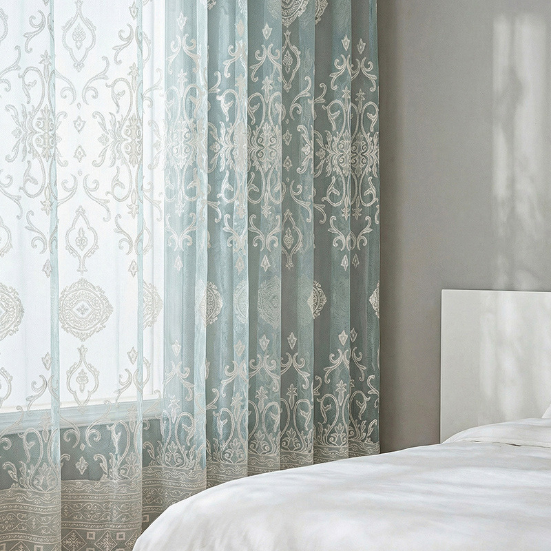 2026 New Nordic Modern Lace Window Sheer, Fresh Style for Bedroom Bay Window and Dining Room Curtains, Cationic Color-Blocking Light-Transmitting