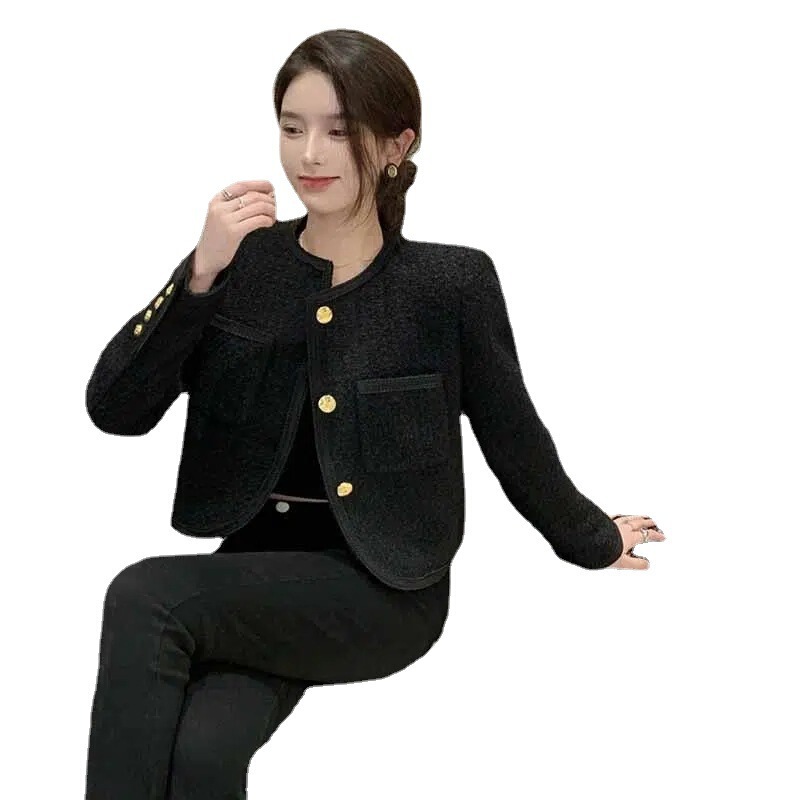 明星同款黑金高级感名媛小香风外套女装小个子短款粗花呢上衣秋季|undefined
