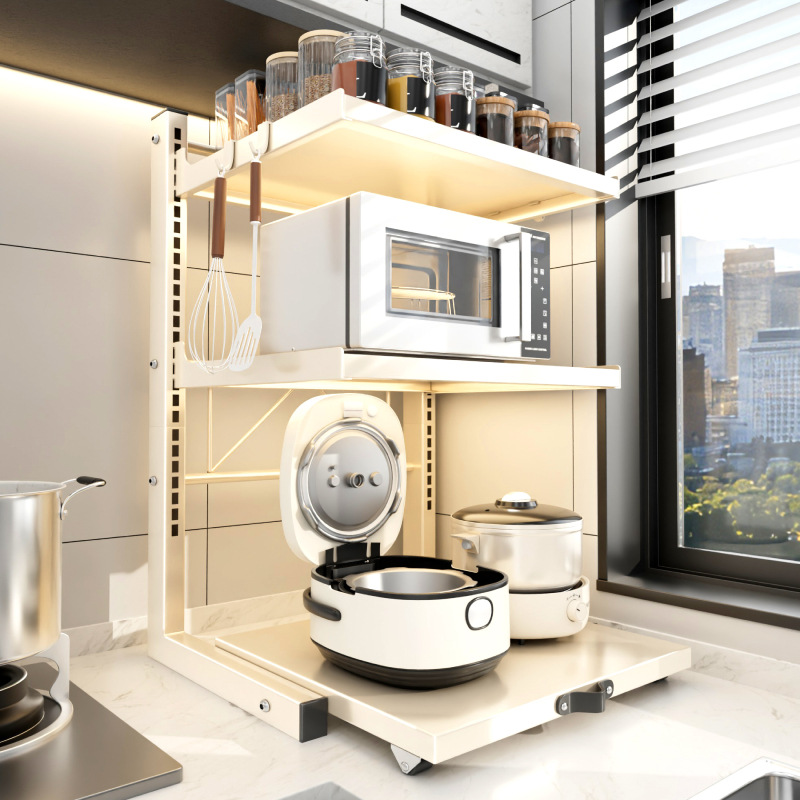 Kitchen Rice Cooker Storage Rack Multi-Functional Microwave Oven Rack Kitchen Appliance Countertop Pull-Out Multi-Layer Storage Rack