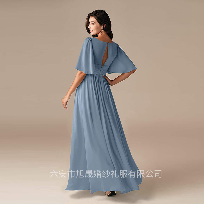 Foreign trade banquet V-neck chiffon waist evening dress slim women's long party prom dress wedding bridesmaid dress