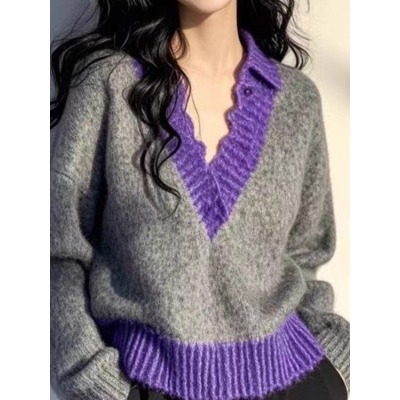 Corea del Sur usa suéter de cachemira de color contrastante para mujeres otoño e invierno engrosado diseño de viento perezoso sensación de cuello de tendencia personalidad jersey