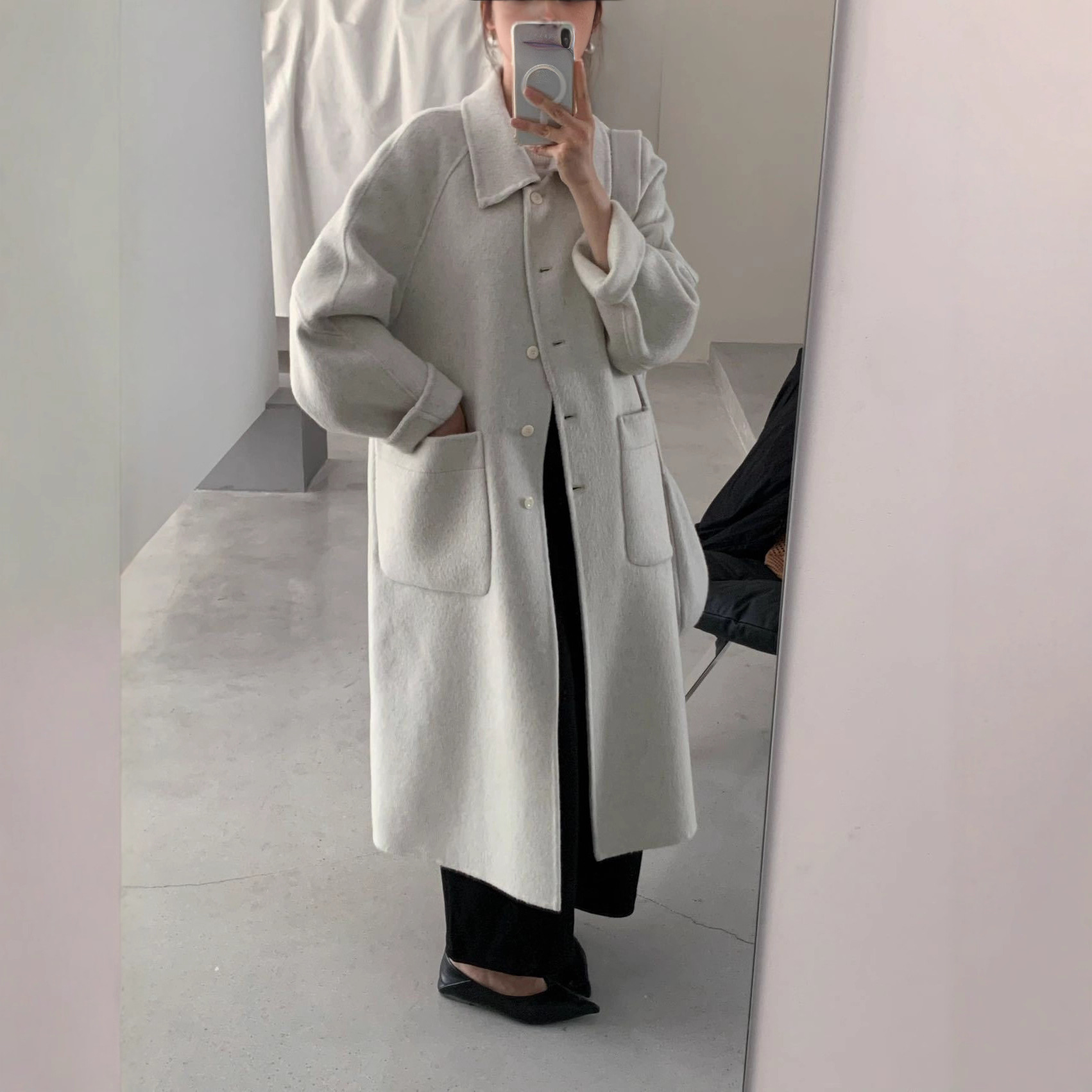 韩系羊驼绒方领单排扣口袋双面羊绒大衣女长款秋冬新款羊毛呢外套