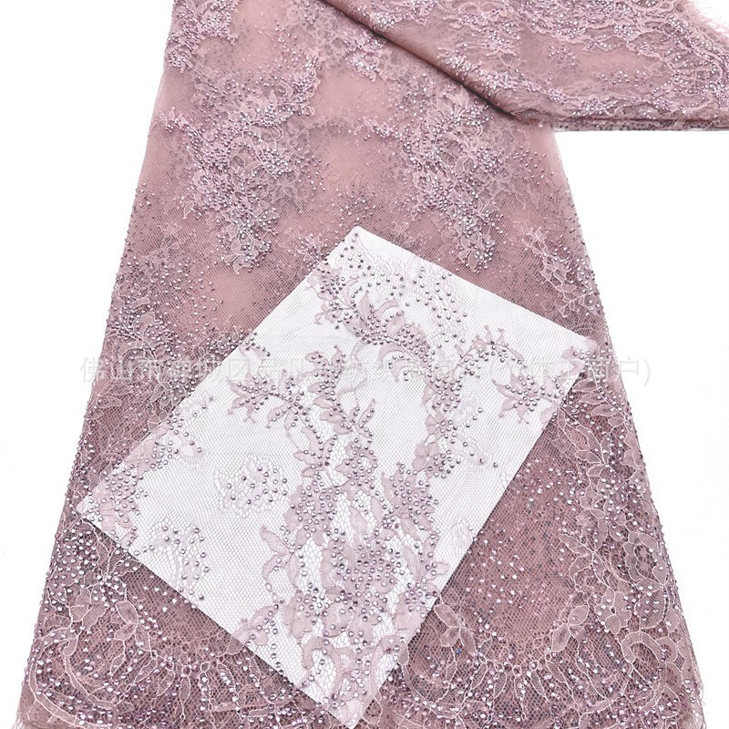 Tejido de malla de pestañas de encaje caliente flor retro hecha a mano verde diamante de cola de pez vestido de noche tela de boda en stock
