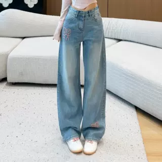 趣味粉绣小人香蕉裤复古水洗牛仔女裤南油高腰遮胯休闲镰刀阔腿裤