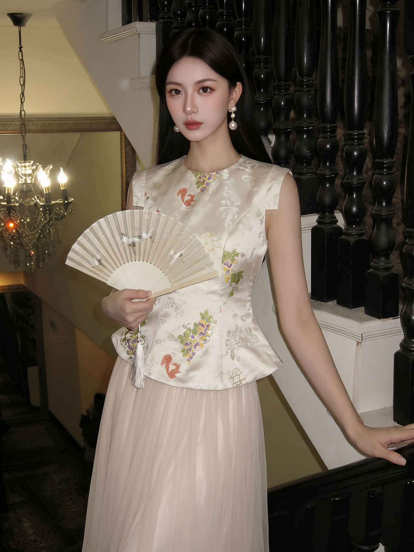 Bộ áo vest gile và chân váy lưới thêu hoa phong cách tân cổ điển — bộ đồ, nửa váy, Áo khoác màu mơ