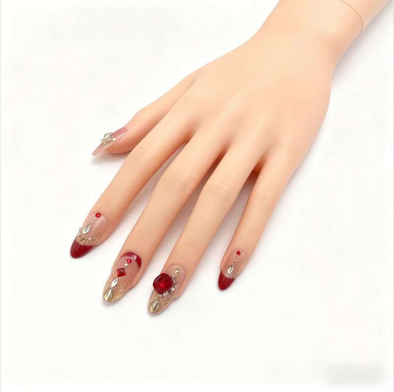 Unique Design with Heavy-Duty Stacked Rhinestones, Light Luxury Manicure, Burgundy French Style, Large Mouth, Dazzling Wearable Nails, Holiday Nail Pieces