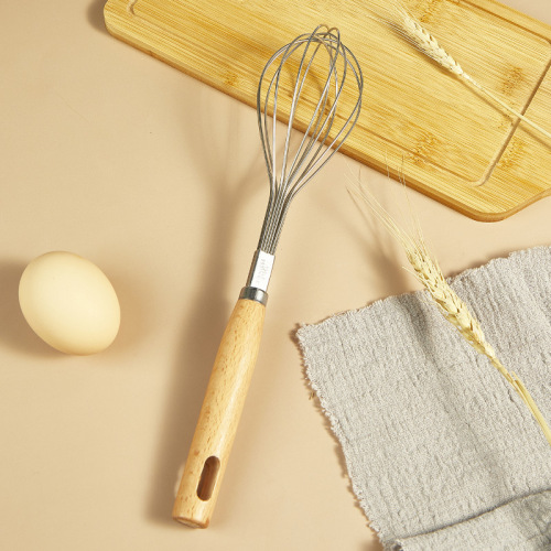 Beech handle hand mixer wholesale household cream baking whipper with engraved LOGO stainless steel egg beater