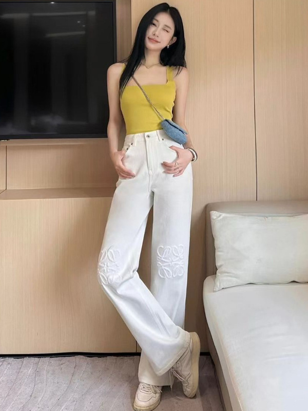 经典LO*WE图案贴布绣白色牛仔裤女显瘦气质时尚休闲百搭高腰阔腿|undefined