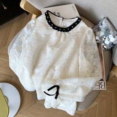 実拍春レース重工刺繍花柄レディース上着シフォン蝶結び袖口シャツ