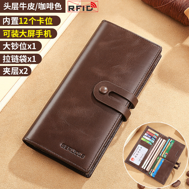 Venta directa de fábrica billetera con hebilla larga para hombre, cuero de gran capacidad, billetera con múltiples asientos, capa superior, piel de vaca, todo fósforo para hombre