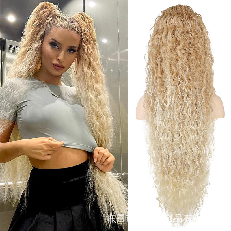 Cross-Border European and American Wig Ponytail Women's Curly Drawstring Natural Artificial Chemical Fiber Water Ripple Gradient Wig Ponytail