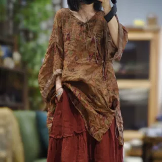 25/08  SN193  休闲文艺宽松苎麻印花偏襟系带款开叉长袍