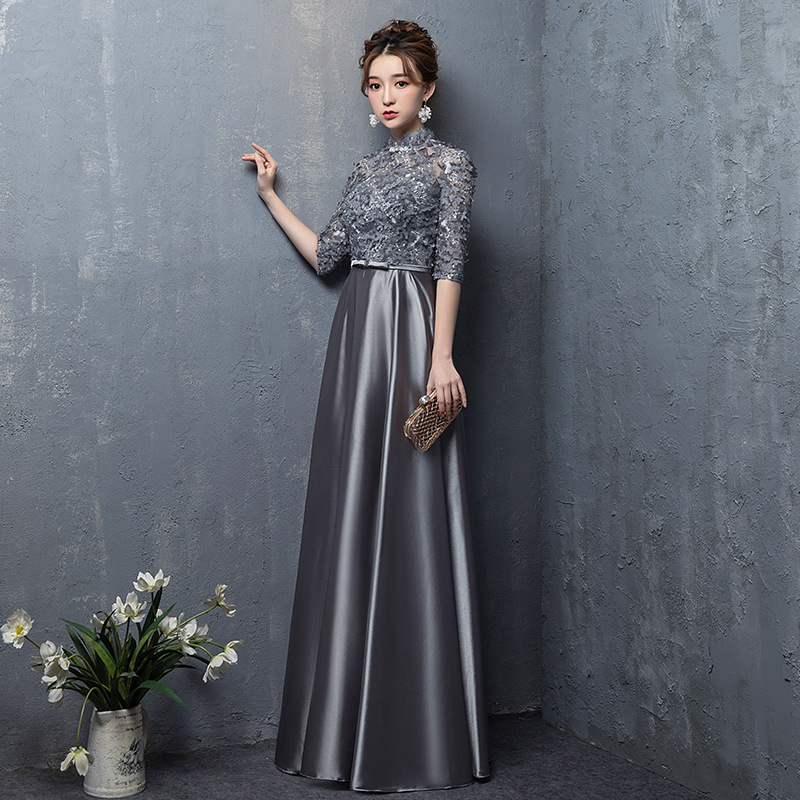 Foreign Trade Japanese and Korean Evening Dress 2025 New Banquet Elegant Dignified Lace Evening Dress Long Slim Gray Dress