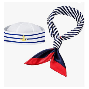 Carnival White Logo Blue White Striped Sailor Hat Square Scarf Set Spot Sailor Fun Hat Party Police Hat