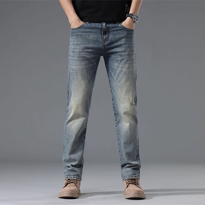 De alta gama de algodón puro 2025 nuevos jeans para hombres primavera y otoño nuevos pantalones largos elásticos azules retro sueltos rectos para hombres