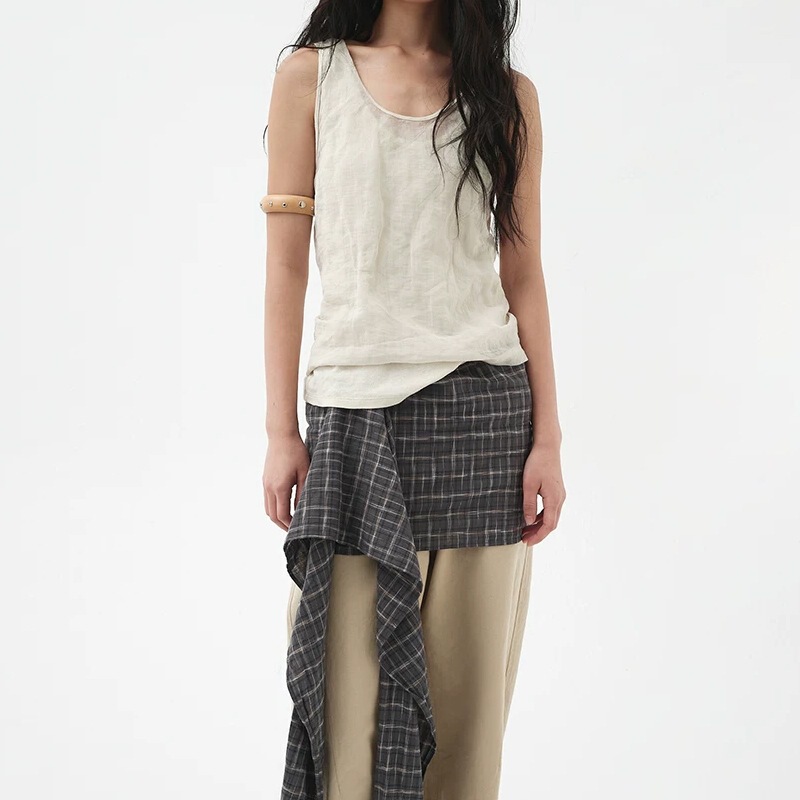 In stock: sagestudio summer lightweight hollow-out knitted camisole with V-neck, single-breasted, loose fit, slightly sheer, slimming effect