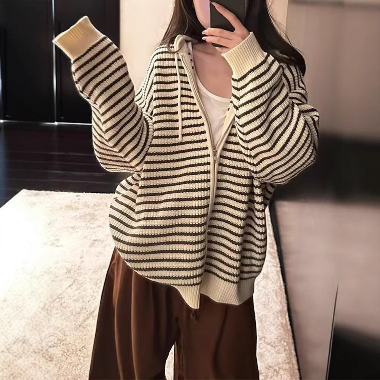 杏色抽绳连帽条纹针织开衫女2025新秋季韩版宽松百搭上衣外套|undefined