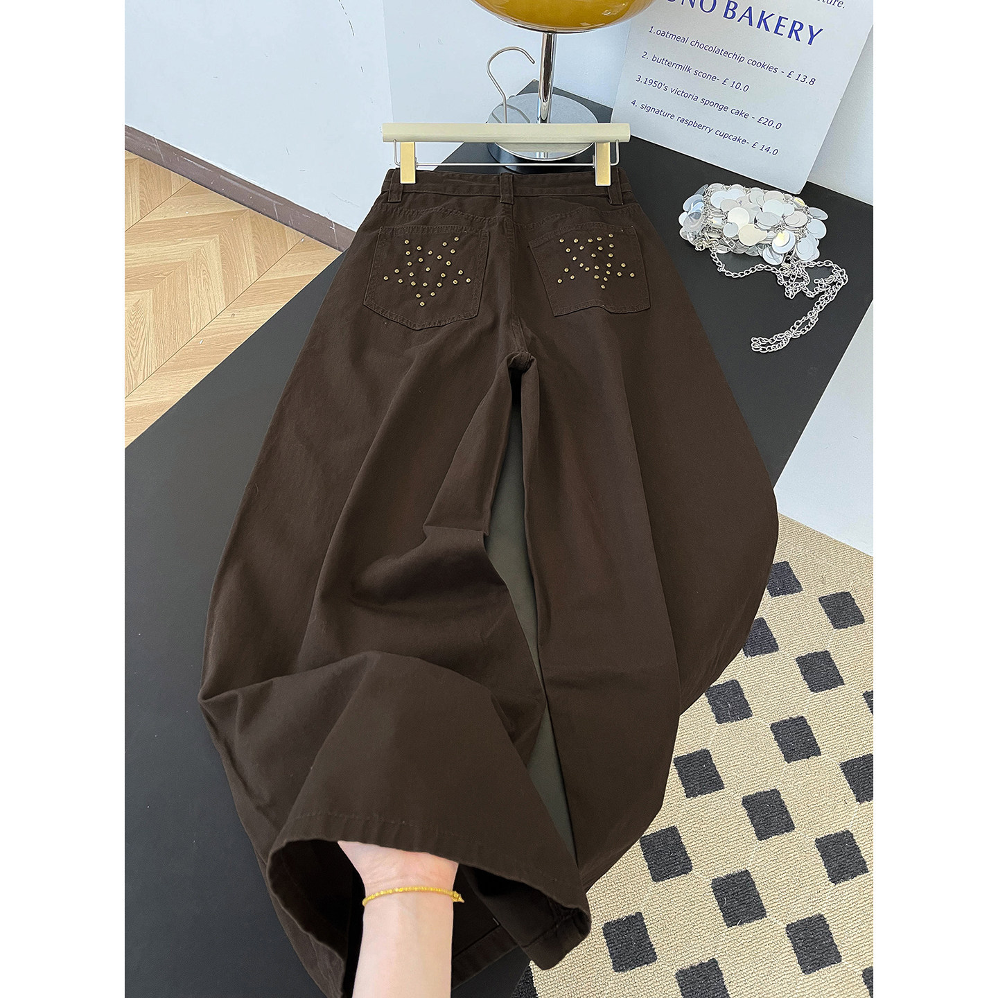 Women's High-Waisted Slimming Wide Leg Trousers Brown Rhinestone Patchwork Casual Denim Jeans Pocket Detail Retro American Style Spring Fashion_ecoleips.com