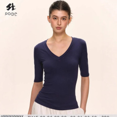 2025秋季新款V领中袖短袖t恤女收腰修身显瘦辣妹正肩设计感上衣
