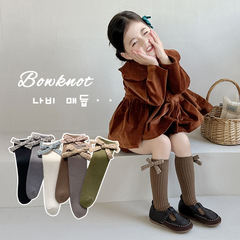 Autumn and winter new Japanese solid color girls' pile socks ins trend plaid mid-calf socks bow calf socks