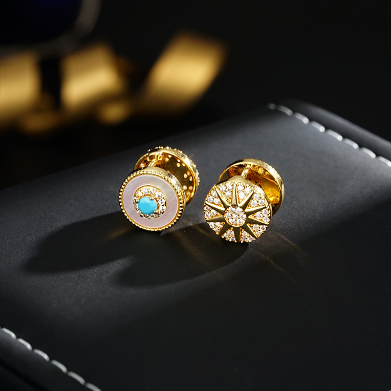 18K Real Gold Electroplated Zircon Round Shell Earrings Retro Niche Design Earrings Simple High-End Earrings for Women