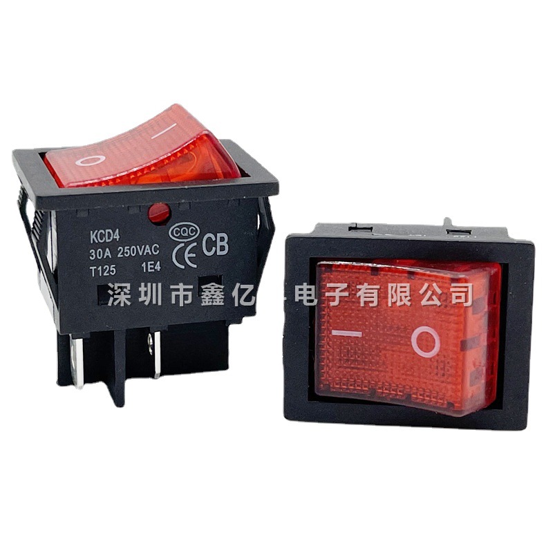 30A大电流船型开关 KCD4 4脚2档红色带灯翘板大功率电焊机/取暖器