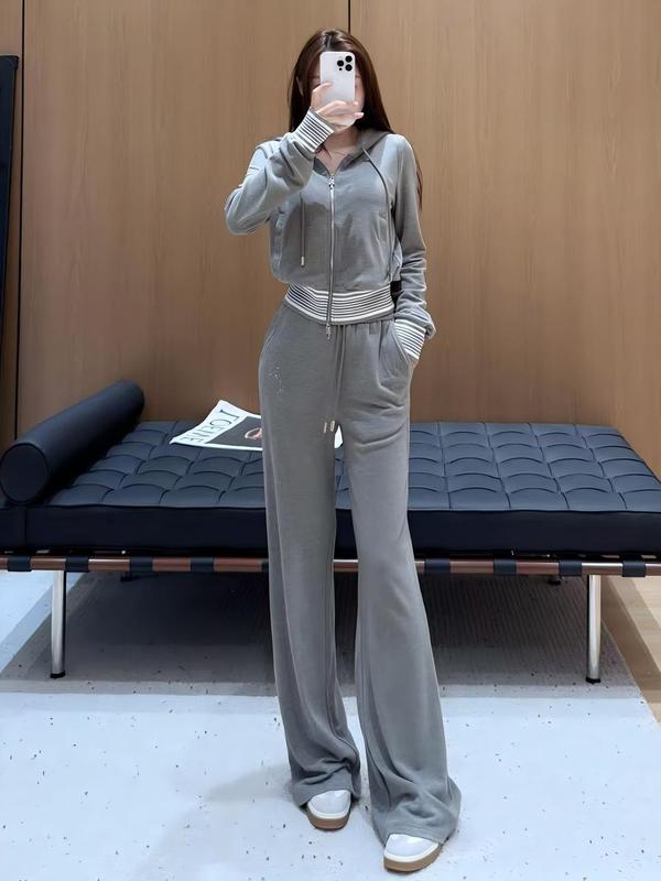 秋季新款休闲百搭套装连帽修身上衣南油女遮肉显腿长阔腿裤两件套|undefined