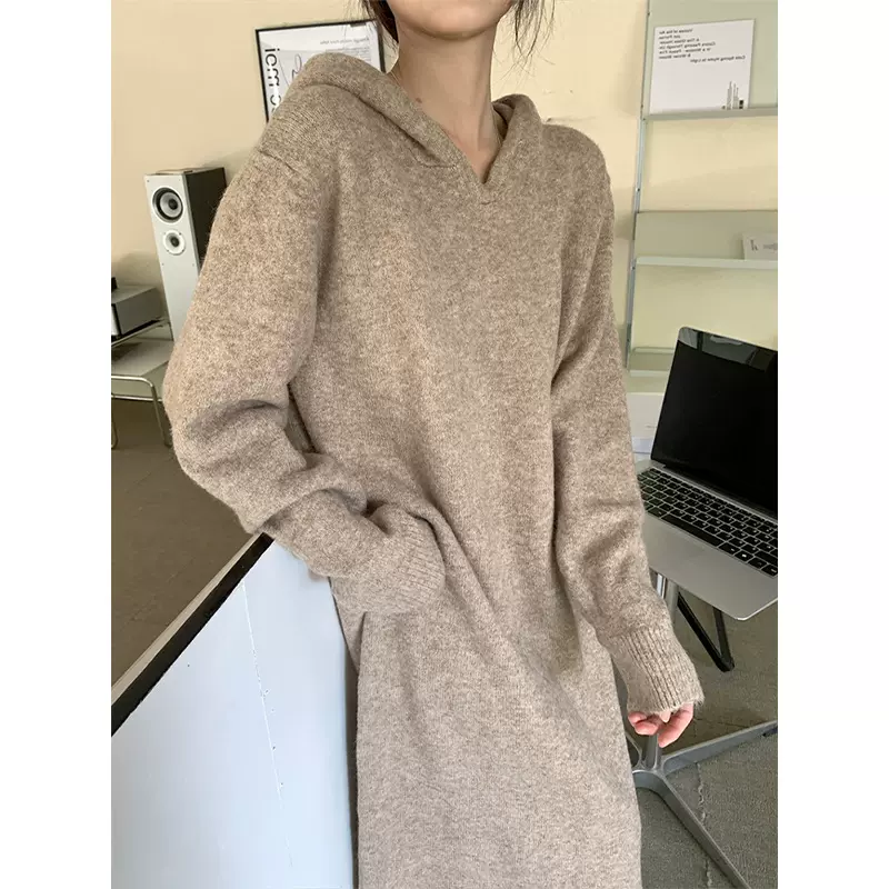 新款百搭针织连衣裙连帽女秋冬长款韩版宽松卫衣内搭打底毛衣裙子