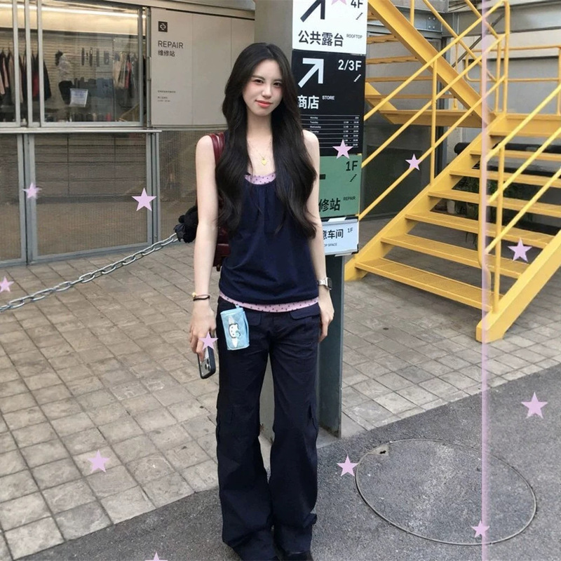 Korean Retro Star-Patterned Navy Blue Faux Two-Piece Sleeveless Vest for Women, Summer Slim-Fit Design Casual Top Korean Retro Star-Patterned Navy Blue Faux Two-Piece Sleeveless Vest for Women, Summer Slim-Fit Design Casual Top