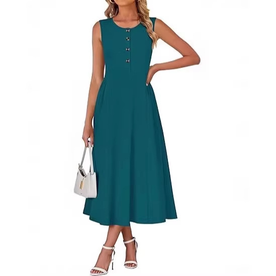 Women's Summer Long Dress 2026 Buttoned Long Dress A-Line Pleated Flowy Tank Dress Beach Vacation Shirt Dress