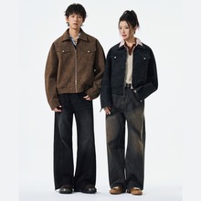 美式复古做旧夹克外套男潮流痞帅设计感小众情侣时尚宽松翻领皮衣