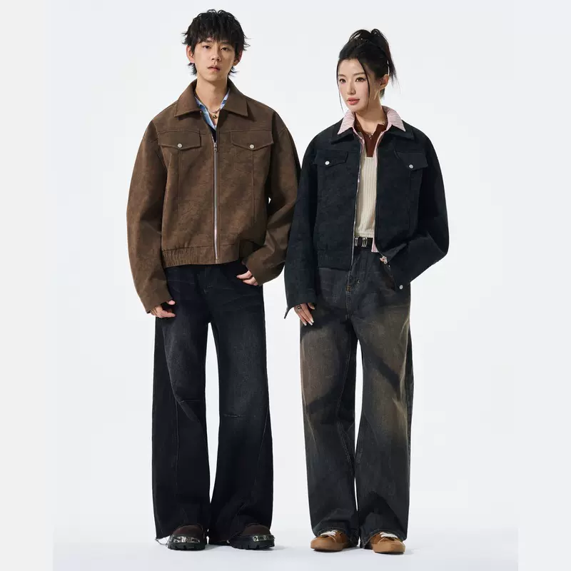 美式复古做旧夹克外套男潮流痞帅设计感小众情侣时尚宽松翻领皮衣