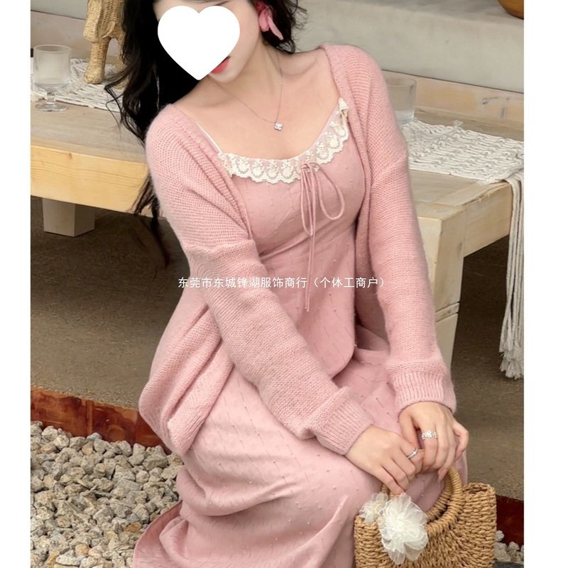 法式甜美修身显瘦毛衣+温柔风超仙蕾丝吊带连衣裙两件套串珠印染|undefined