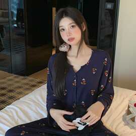 莫代尔纯欲风带胸垫长袖小清新家居服套装2026春秋季睡衣甜美显瘦