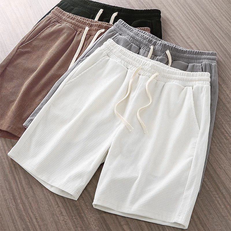 Men's Solid Color Sports Shorts for Summer, American-Style Casual Basketball Shorts, Thin Waffle Knit Five-Point Shorts for Men