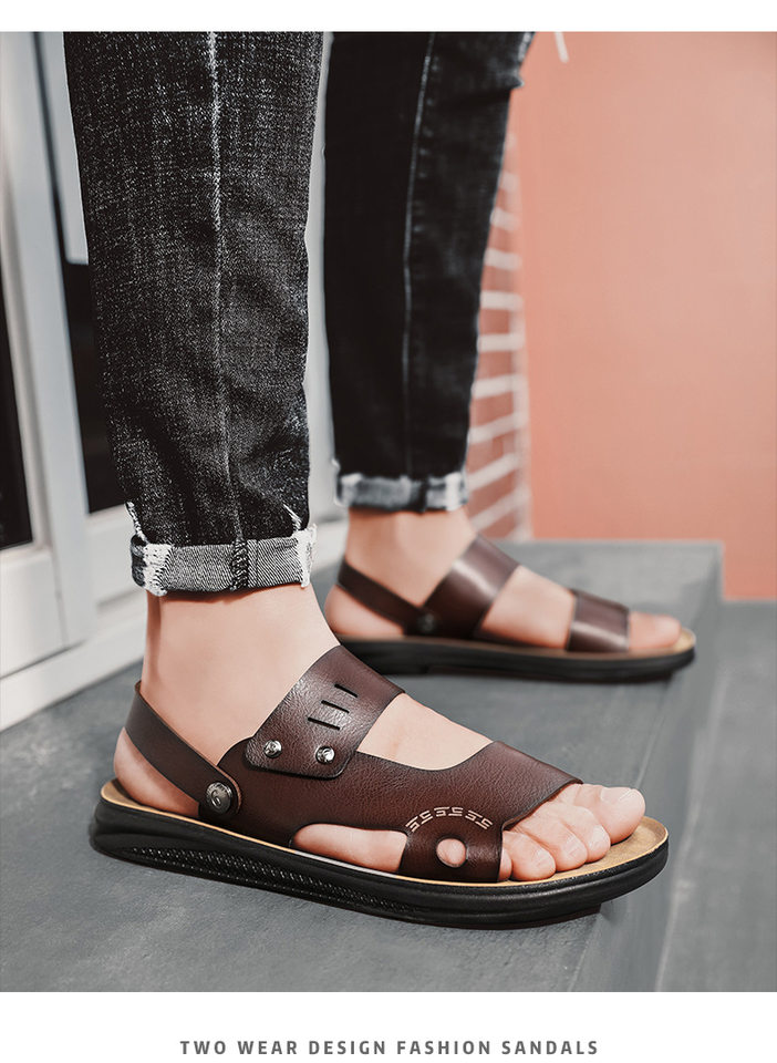 Dép sandal nam hở ngón quai ngang chất liệu da PU chống trơn trượt, size lớn đi ngoài trời và đi biển — Màu nâu, Màu đen chi tiết 13