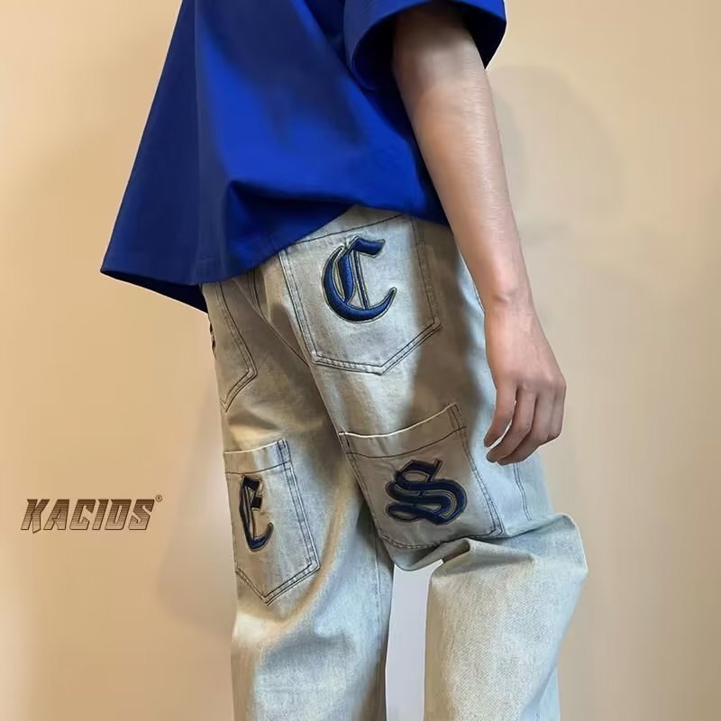 Ripped heavy craft embroidered jeans men's American hiphop retro loose wide-leg pants straight high street long pants