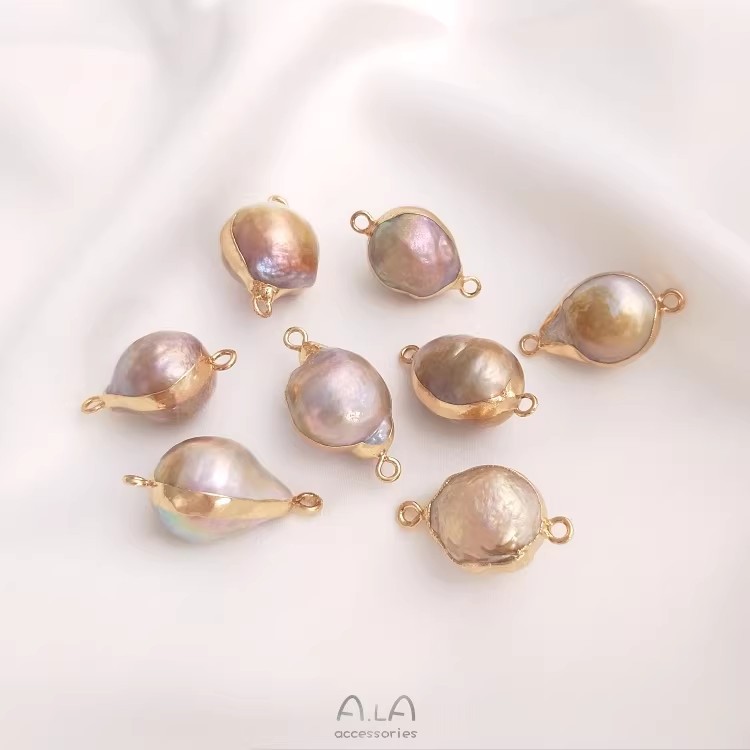 天然バロック異形真珠双穴ペンダントシングル吊り飾り米珠平円形手作りdiy縁取り部品