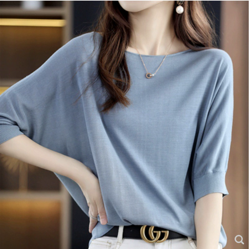 Новая летняя женская свободная рубашка с короткими рукавами из ледяного шелка с круглым вырезом и ленивым стилем, футболка, тонкий топ со средними рукавами в западном стиле, большой размер